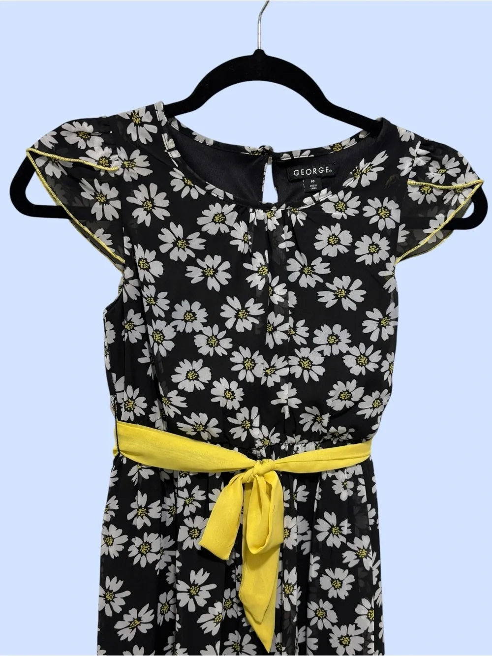 George Black Daisy Print Girls Dress with Yellow Sash Size 10